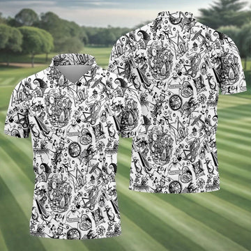 Doodle Horror Character Halloween Polo Shirt, Golf Polo For Men, Mens Golf Shirt