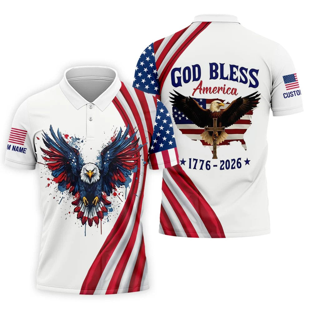 God Bless America 250 Years US Flag Golf Shirt, Patriotic 4th Of July Golf Shirts For Men