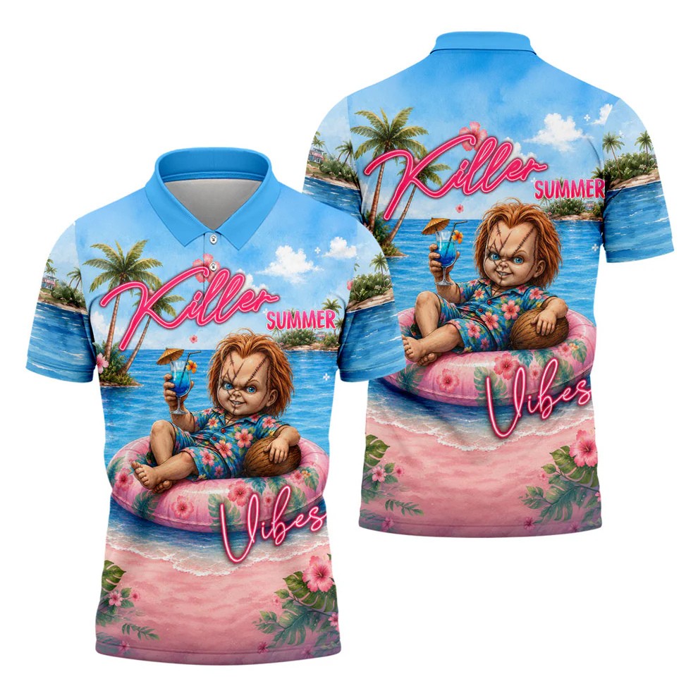 Killer Summer Vibes Evil Doll Golf Polo Shirt, Golf Shirts For Men, Mens Polo Shirts