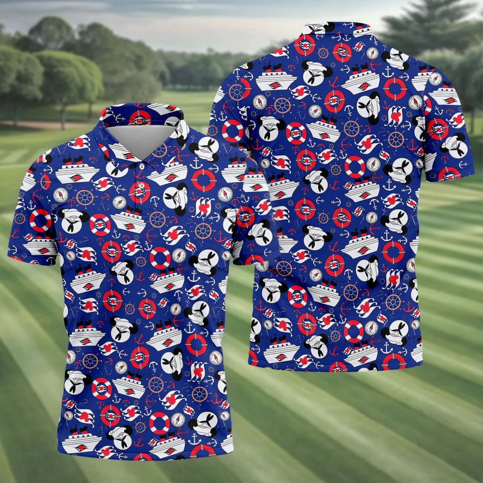 Nautical Cruise Pattern Golf Polo Shirt, Golf Apparel For Men, Long Sleeve Polo Shirts