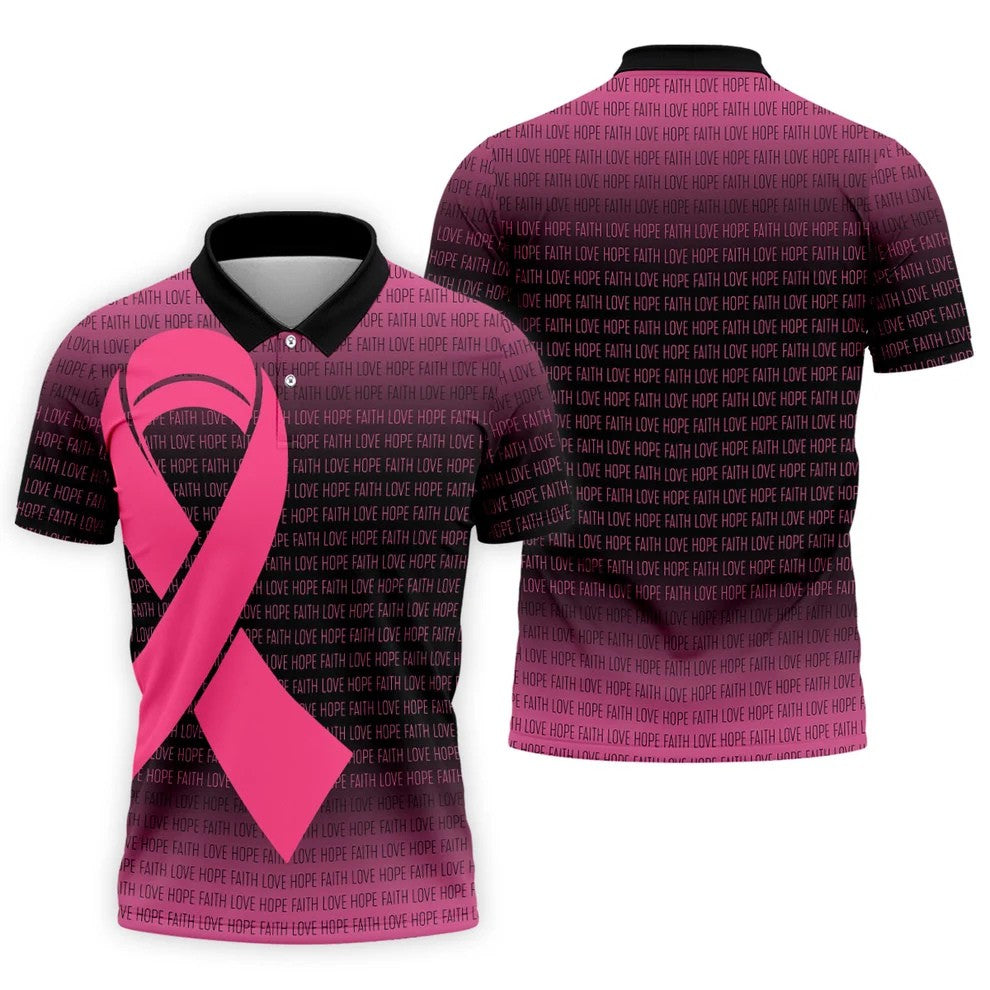 Faith Love Hope Pink Ribbon Breast Cancer Polo Shirt, Men's Golf Shirt, Mens Golf Apparel