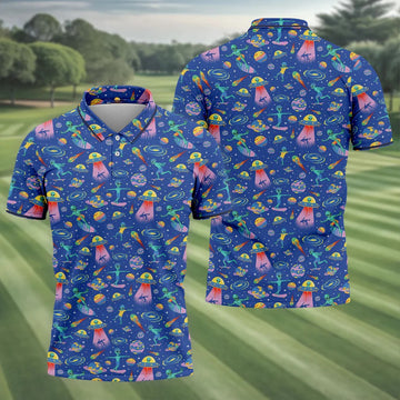 Surfing Alien Space Galaxy Hawaiian Golf Shirt, Hawaiian Golf Shirt, Golf Shirts For Men
