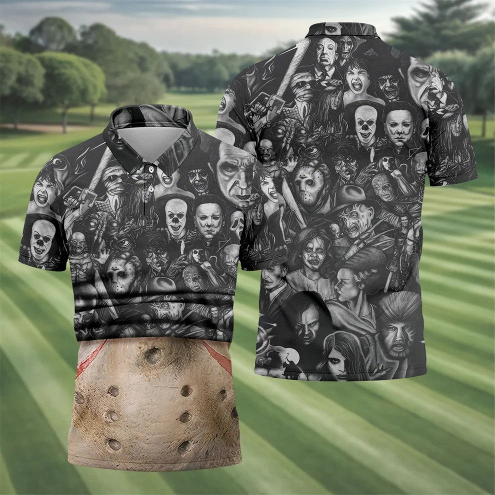 Hockey Mask Horror Character Halloween Polo Shirt, Golf Shirts For Men, Printed Golf Shirts