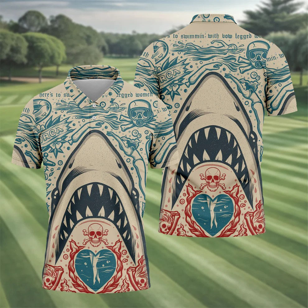 Vintage Shark Jaw Tattoo Art Golf Polo Shirt, Golf Shirts For Men, Printed Golf Shirts