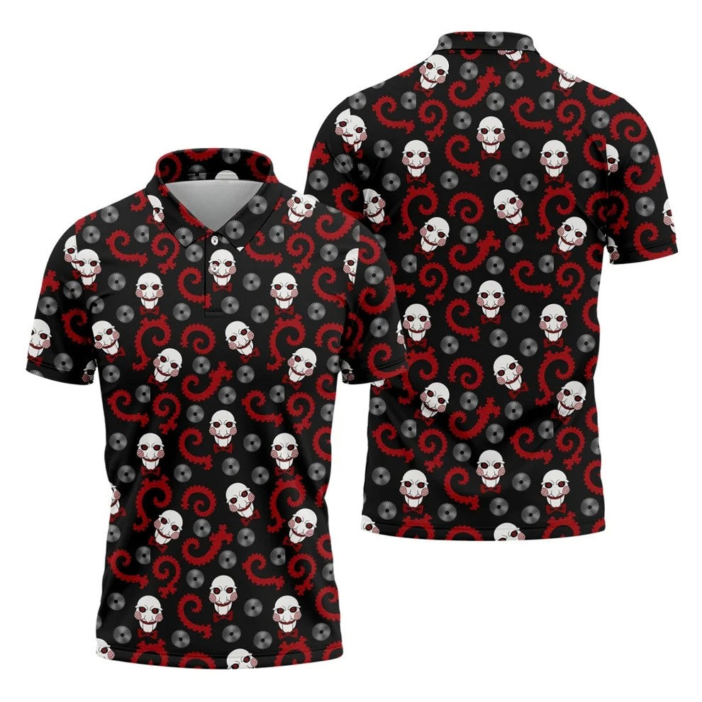 Creepy Puppet Spiral Halloween Golf Polo Shirt, Horror Character Shirt, Mens Golf Polo