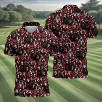 Horror Character Slasher Pattern Golf Polo Shirt, Mens Golf Shirts, Hawaiian Golf Shirt
