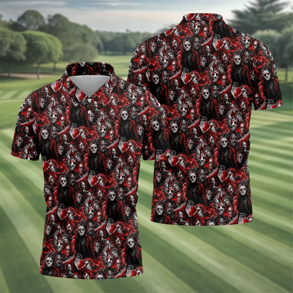 Horror Character Slasher Pattern Golf Polo Shirt, Mens Golf Shirts, Hawaiian Golf Shirt
