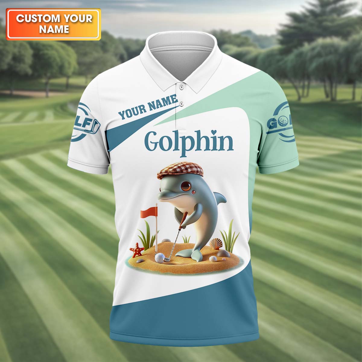 Golfin' Dolphin Custom Golf Polo Shirt, Golfing Apparel, Mens Golf Gift, Funny Golf Polo Shirt