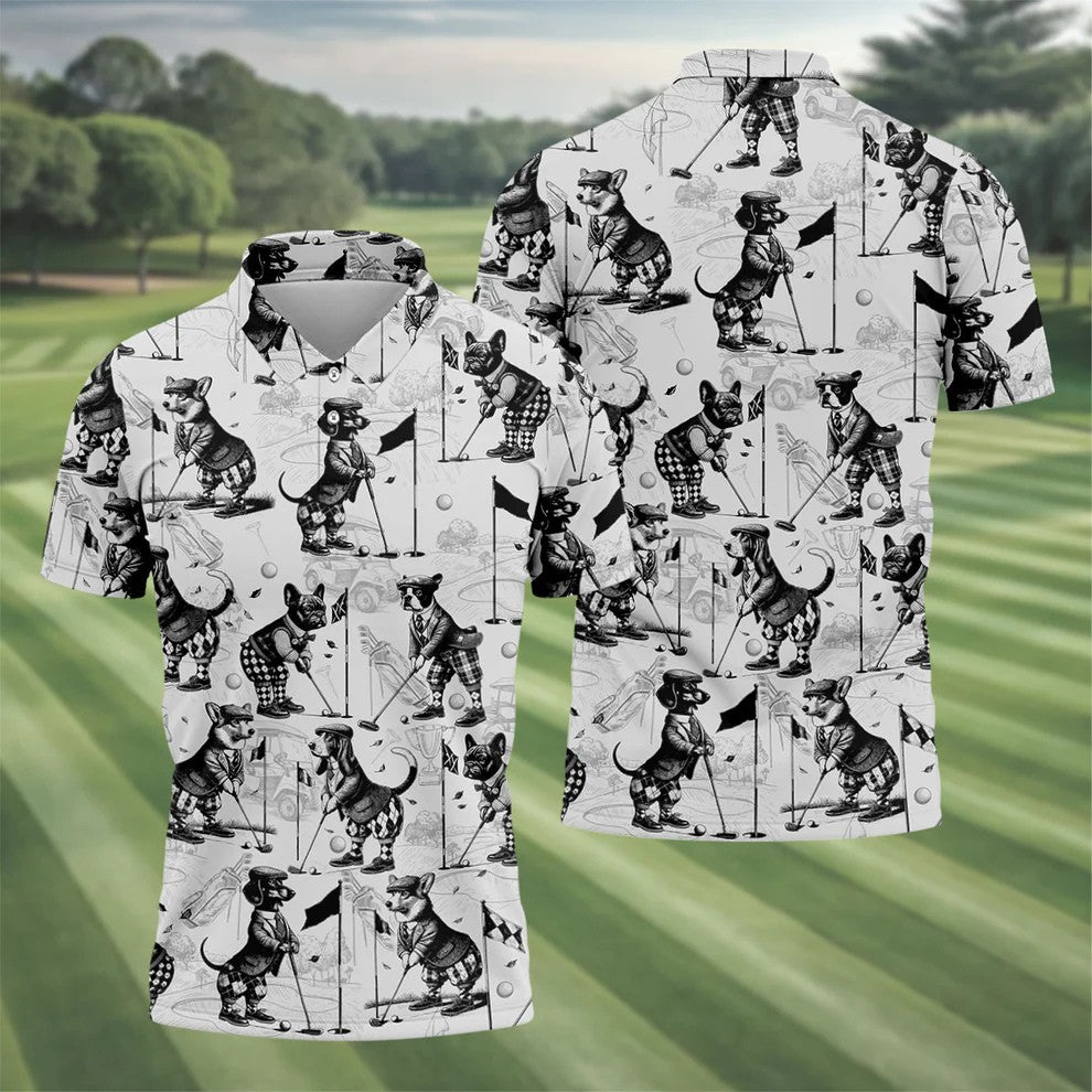 Vintage Golfing Dogs Pattern Golf Polo Shirt, Mens Golf Shirts, Golf Apparel For Men