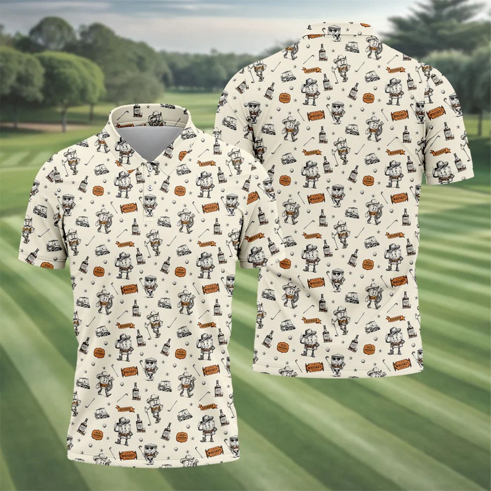 Vintage Bourbon Whiskey Golf Pattern Polo Shirt, Golf Polo Shirts For Men, Mens Golf Apparel