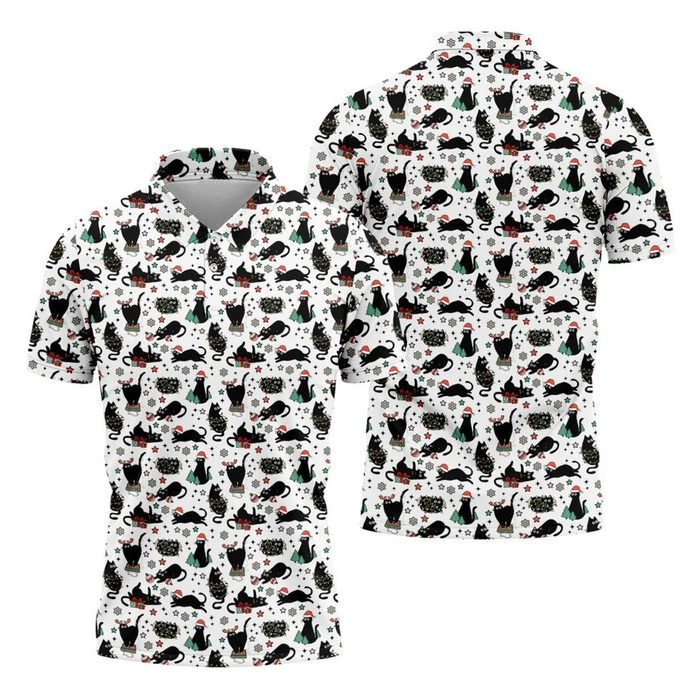 Xmas Black Cat Polo Shirts For Men, Christmas Golf Shirt, Golf Gift For Men, Christmas Golf Shirt