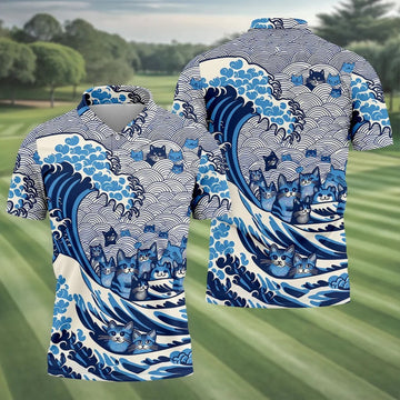 Japanese Wave Cat Hawaiian Golf Shirt, Golf Shirts For Men, Mens Golf Apparel