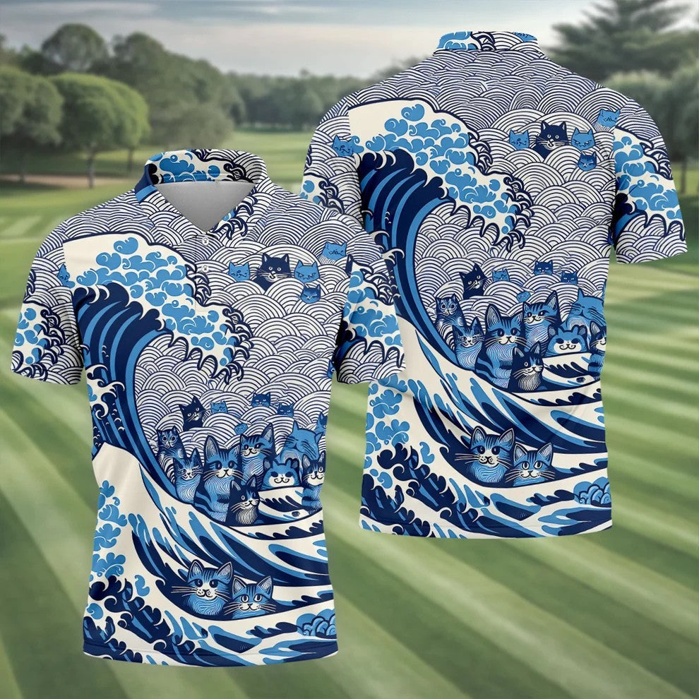 Japanese Wave Cat Hawaiian Golf Shirt, Golf Shirts For Men, Mens Golf Apparel