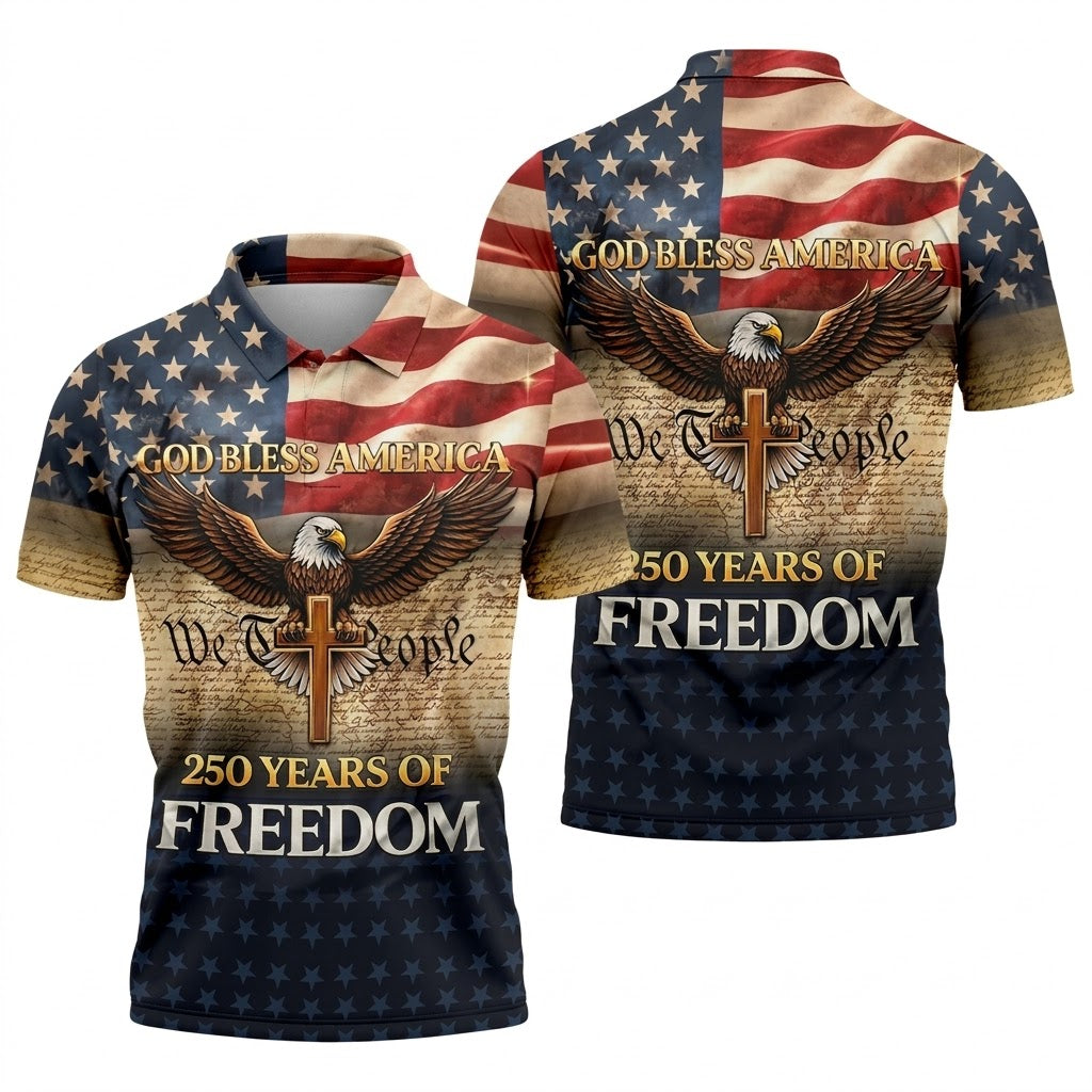 God Bless America 250 Years Of Freedom Retro Golf Shirt, Patriotic 4th Of July Golf Shirts For Men