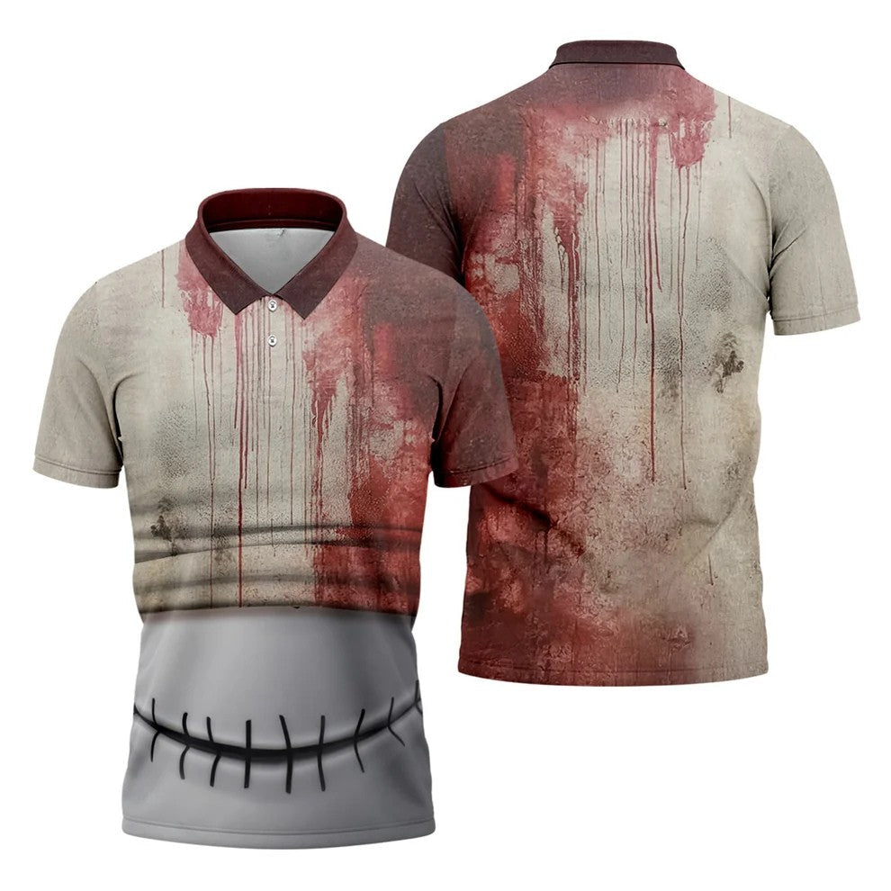 Stitched Skull Horror Character Halloween Polo Shirt, Golf Apparel For Men, Mens Golf Polo