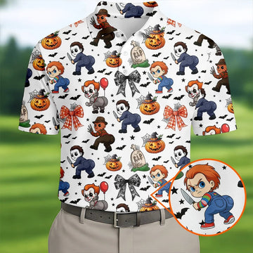 Funny Horror Character Men's Golf Shirt, Horror Movie Halloween Shirt, Halloween Golf Shirt, Men Golf Gift