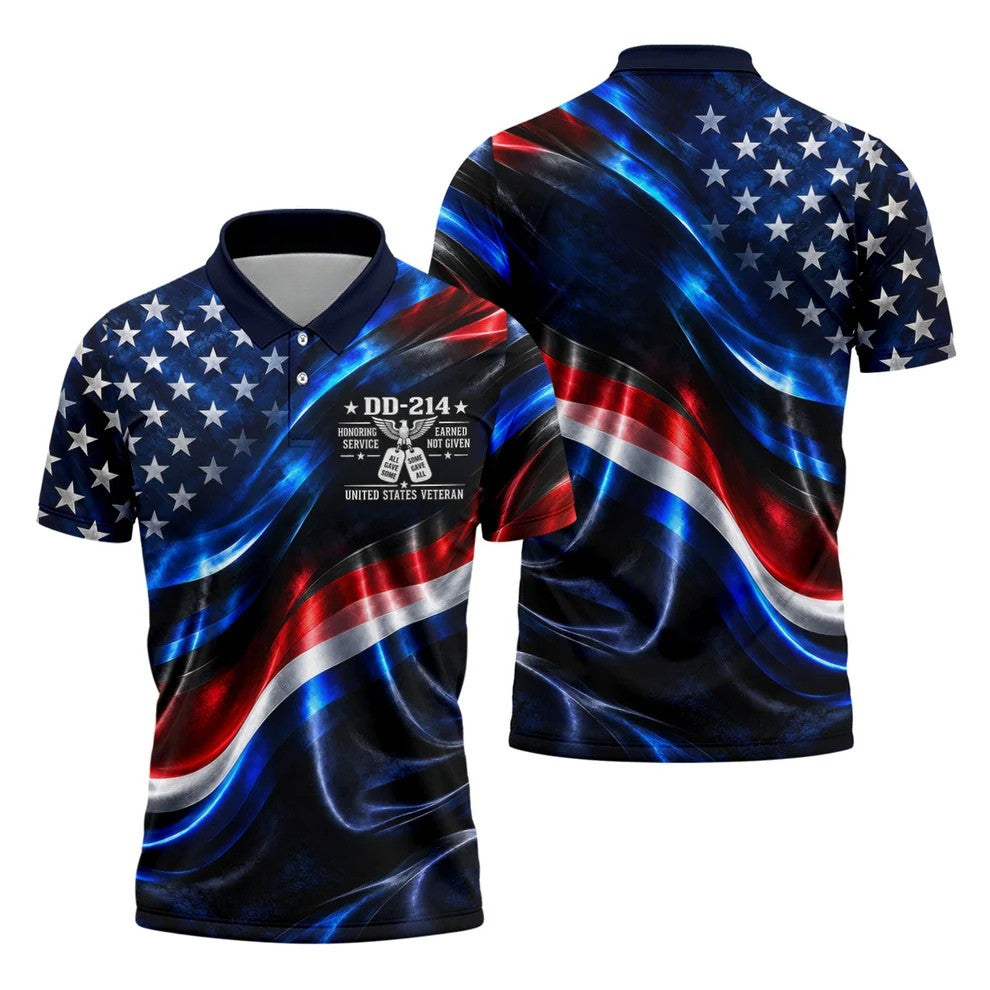 DD-214 Metallic USA Flag Golf Polo Shirt, Veterans Day Shirt, Golf Shirts For Men