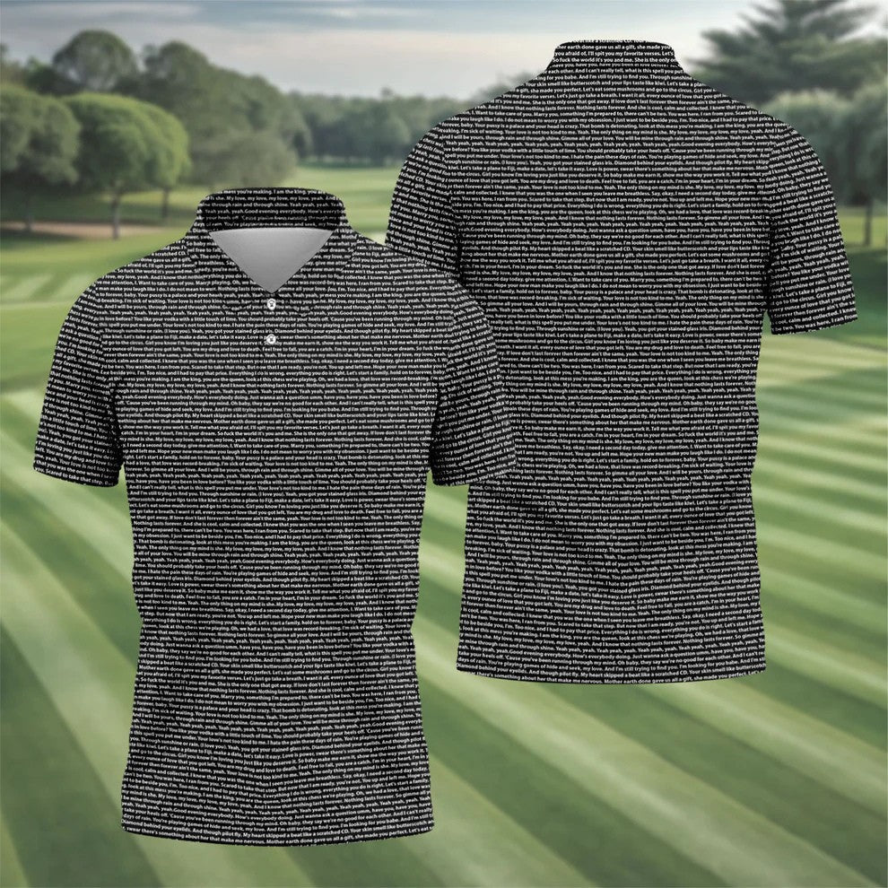 Black Text Pattern Golf Polo Shirt, Golf Shirts For Men, Printed Golf Shirts