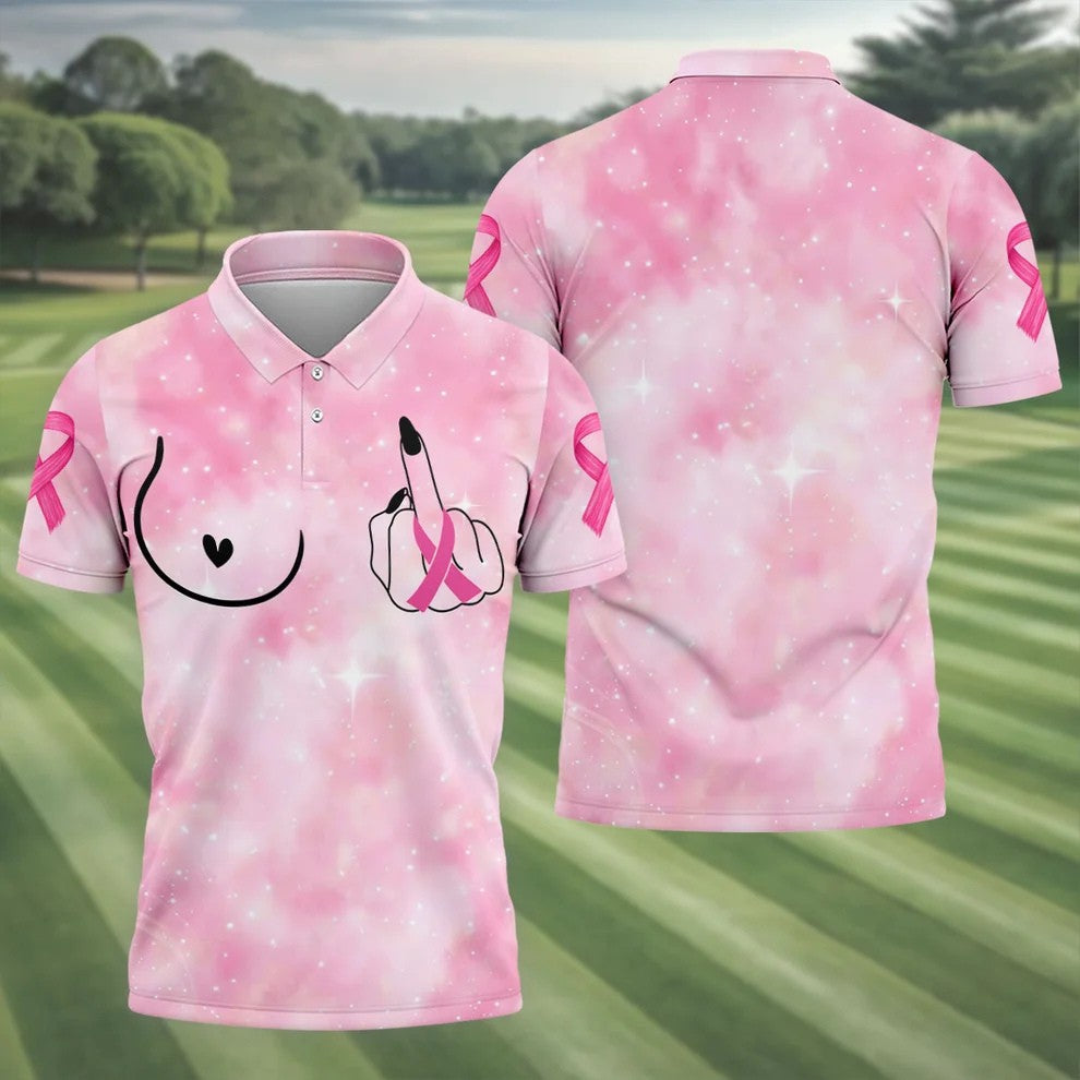 Pink Ribbon Middle Finger Breast Cancer Polo Shirt, Mens Golf Polo, Printed Golf Shirts