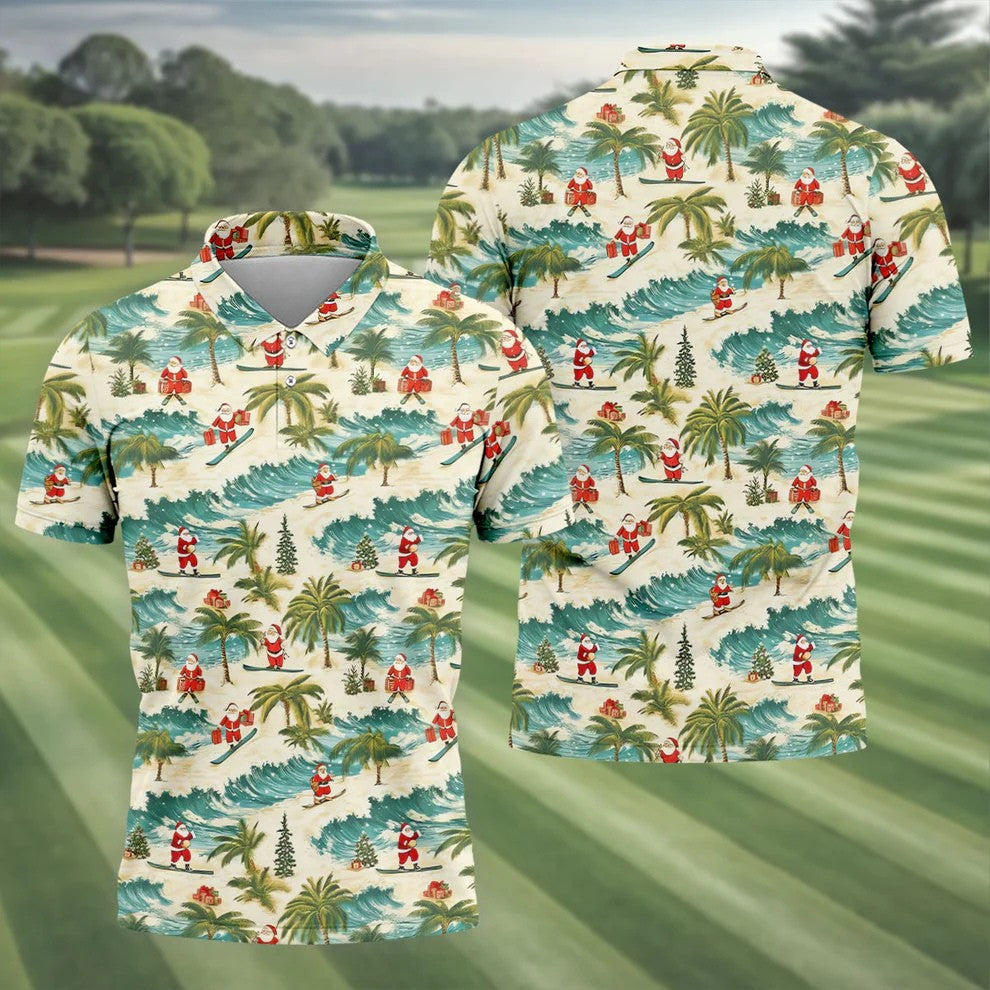 Christmas Santa Surfing Tropical Hawaiian Golf Shirt, Golf Shirts For Men, Printed Golf Shirts