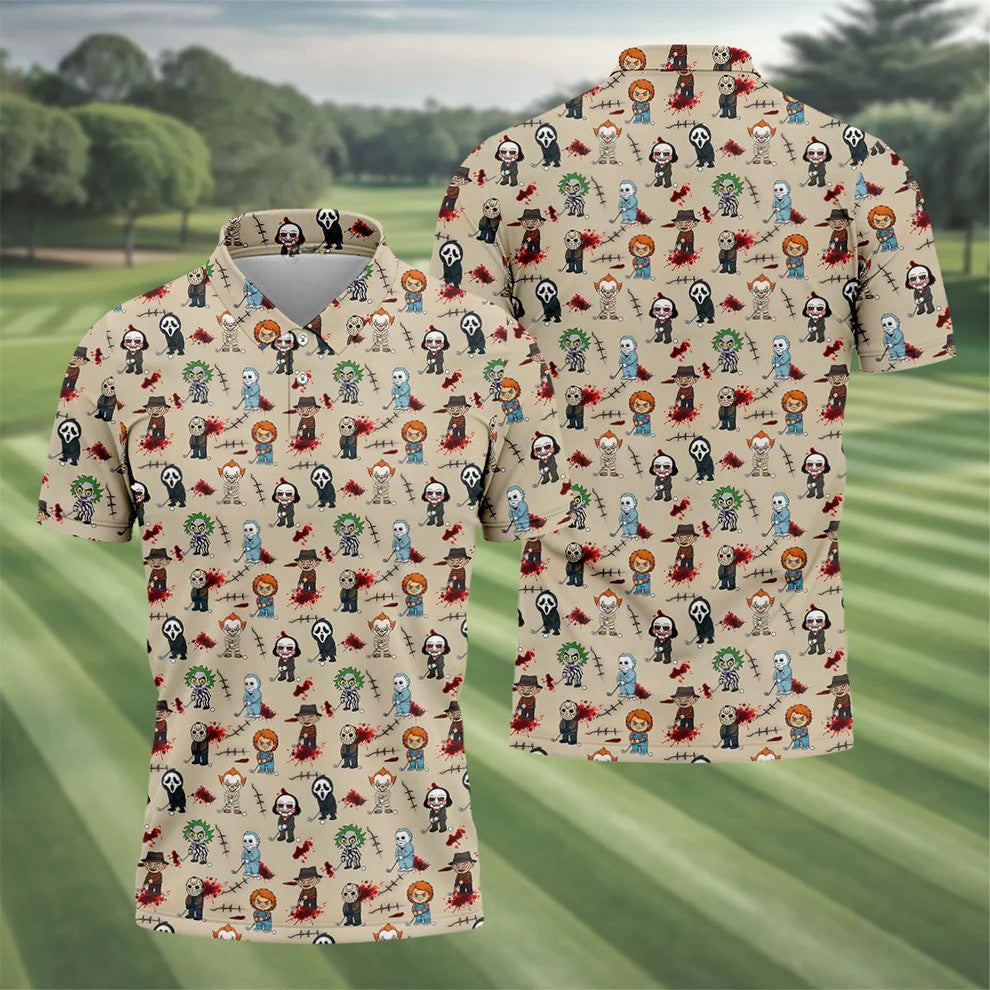 Cute Horror Character Golf Pattern Polo Shirt, Mens Golf Shirts, Hawaiian Golf Shirt