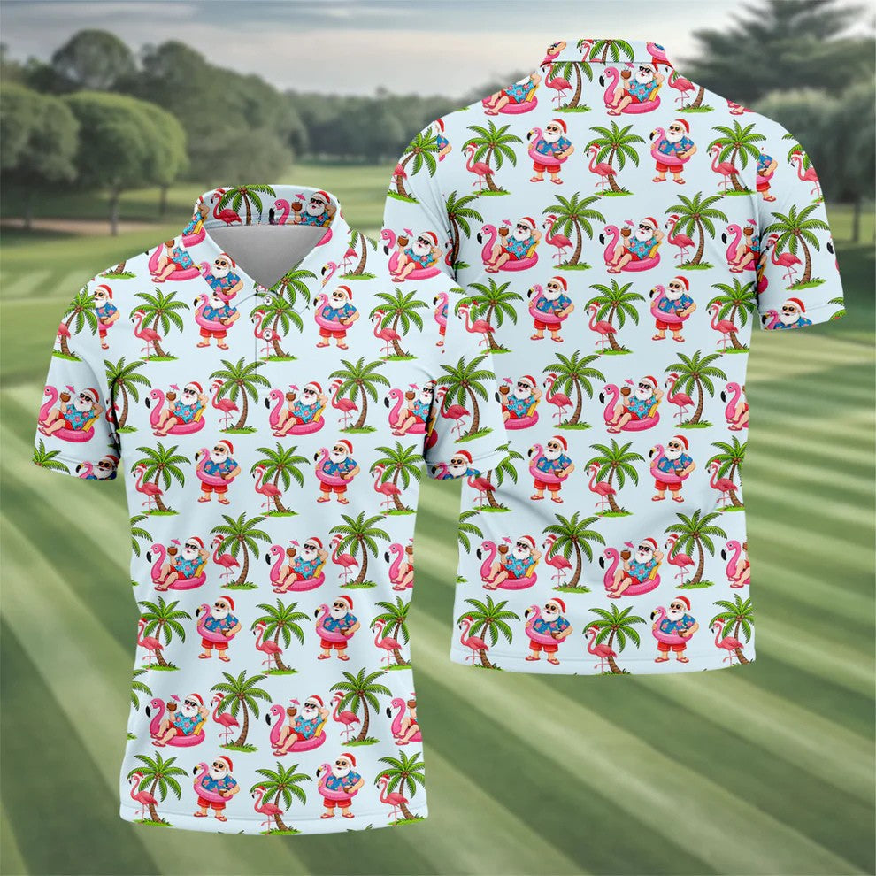 Flamingo Float Santa Christmas Golf Shirt, Men's Golf Shirt, Hawaiian Golf Shirt, Printed Golf Shirts