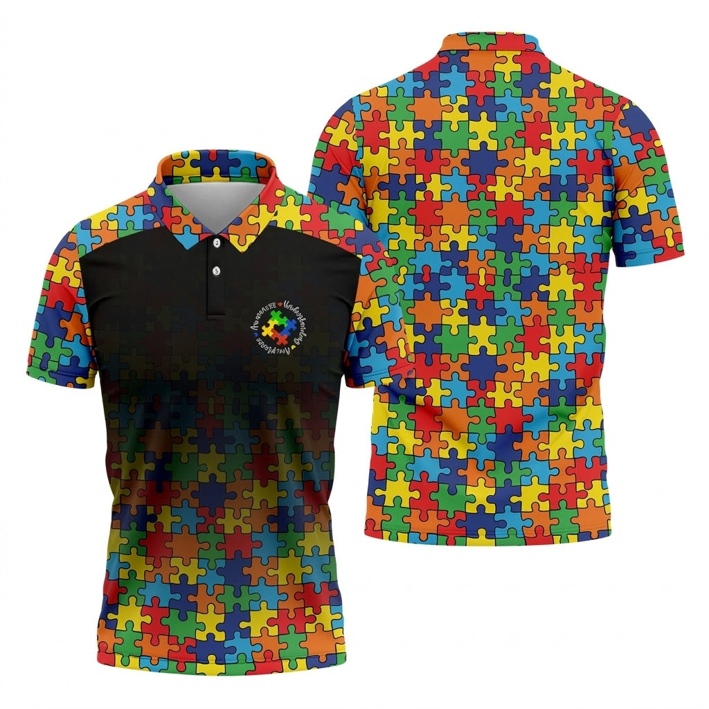 Acceptance Awareness Understanding Autism Awareness Puzzle Pattern Black Fade Golf Shirts For Men