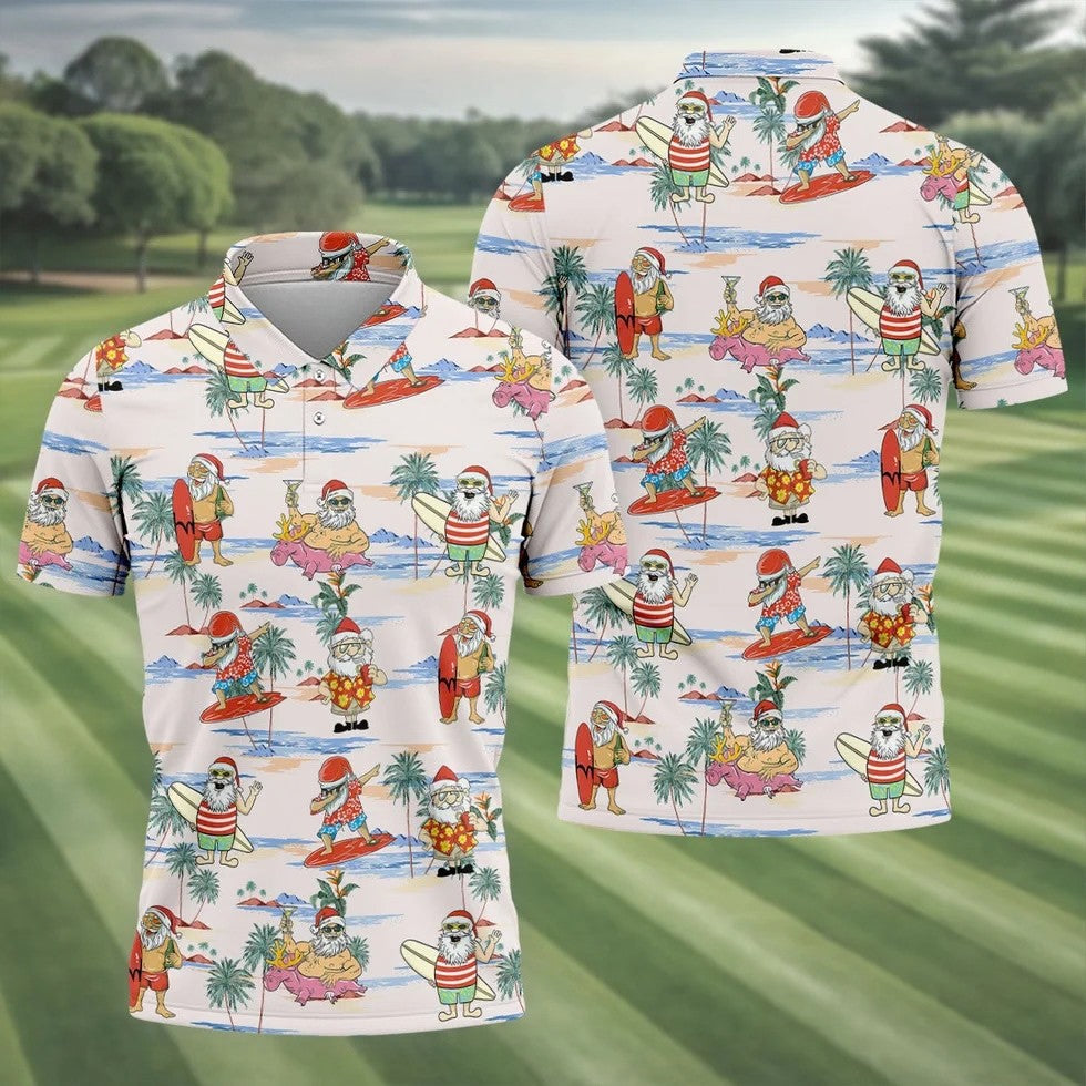 Funny Tropical Santa Christmas Golf Shirt, Men's Golf Shirt, Hawaiian Golf Shirt, Printed Golf Shirts