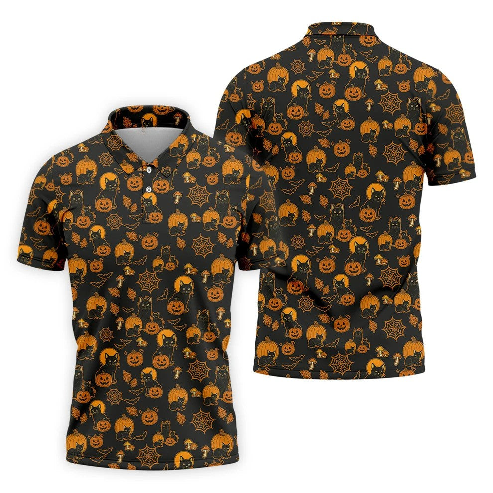 Black Cat Pumpkin Men Polo, Fun Golf Shirts For Men, Halloween Gift, Golfing Apparel