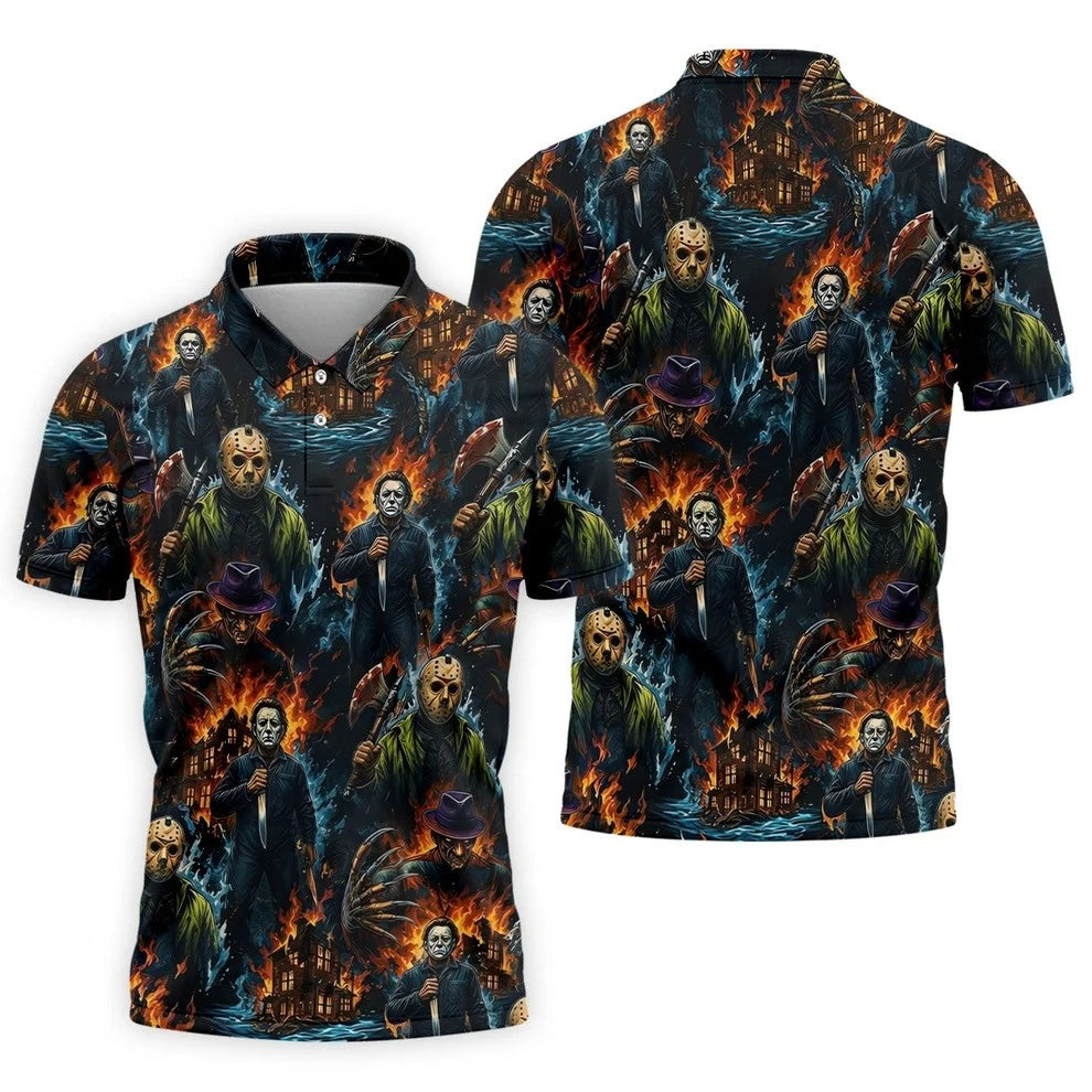 Horror Character Fire Collage Halloween Polo Shirt, Mens Golf Shirts, Mens Polo Shirts