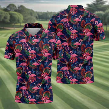 Dark Tropical Pink Flamingo Pattern Golf Shirt, Mens Polo Shirts, Hawaiian Golf Shirt, Printed Golf Shirts