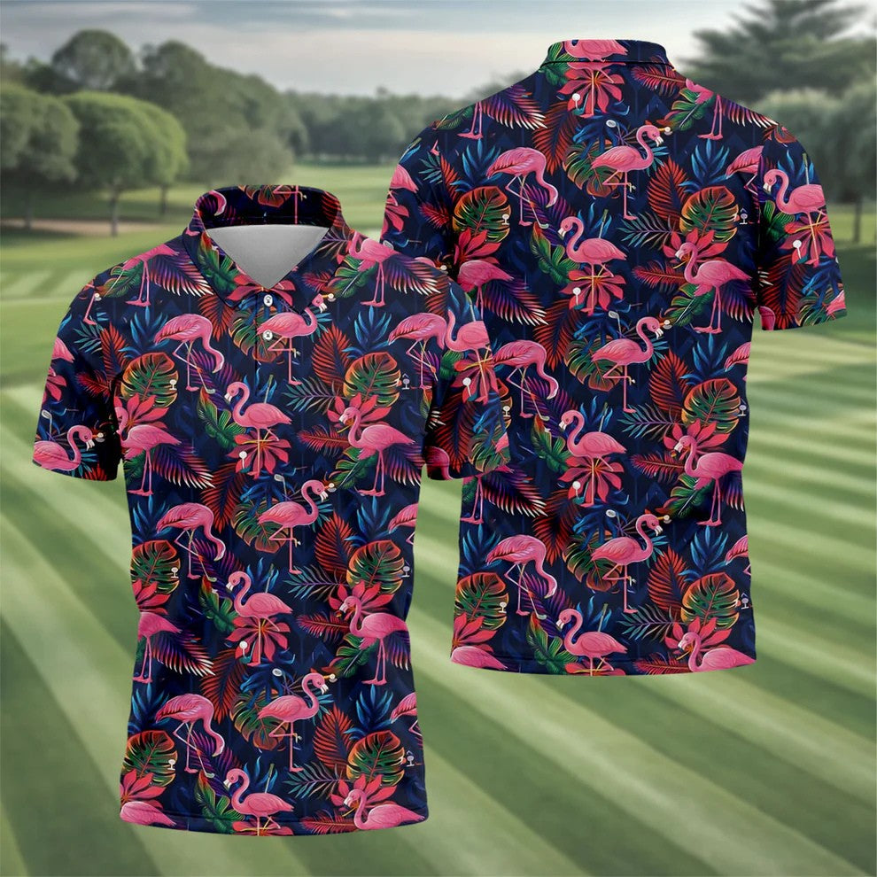 Dark Tropical Pink Flamingo Pattern Golf Shirt, Mens Polo Shirts, Hawaiian Golf Shirt, Printed Golf Shirts