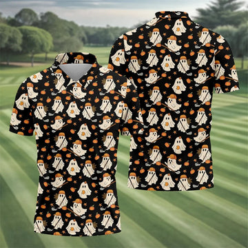 Boo Ghost Cute Pumpkin Halloween Black Golf Shirt, Halloween Gift Idea, Polo ShirtFor Men