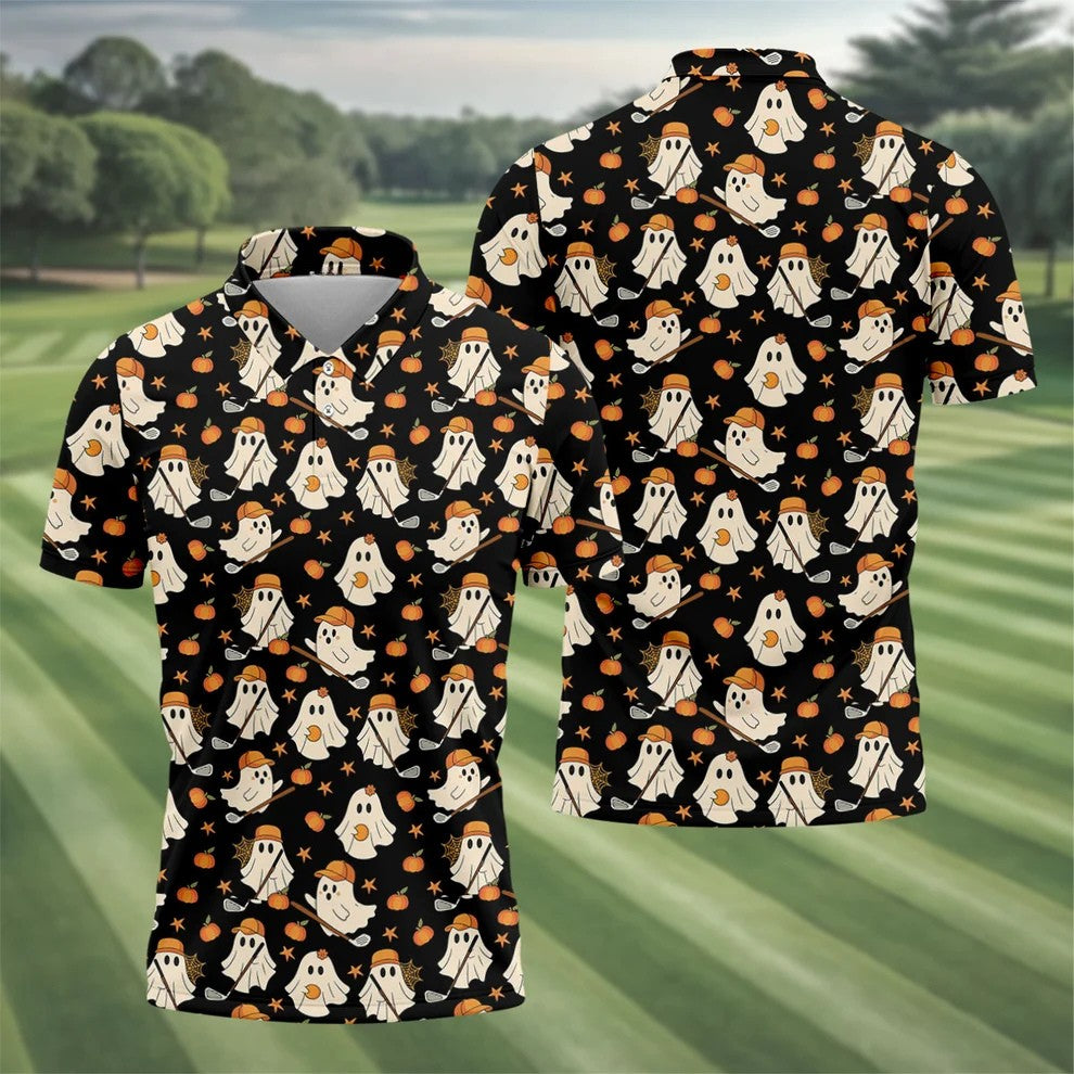 Boo Ghost Cute Pumpkin Halloween Black Golf Shirt, Halloween Gift Idea, Polo ShirtFor Men