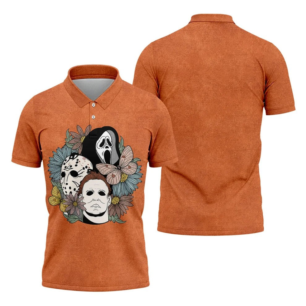 Floral Horror Mask Trio Halloween Golf Polo Shirt, Men's Golf Shirt, Mens Golf Apparel