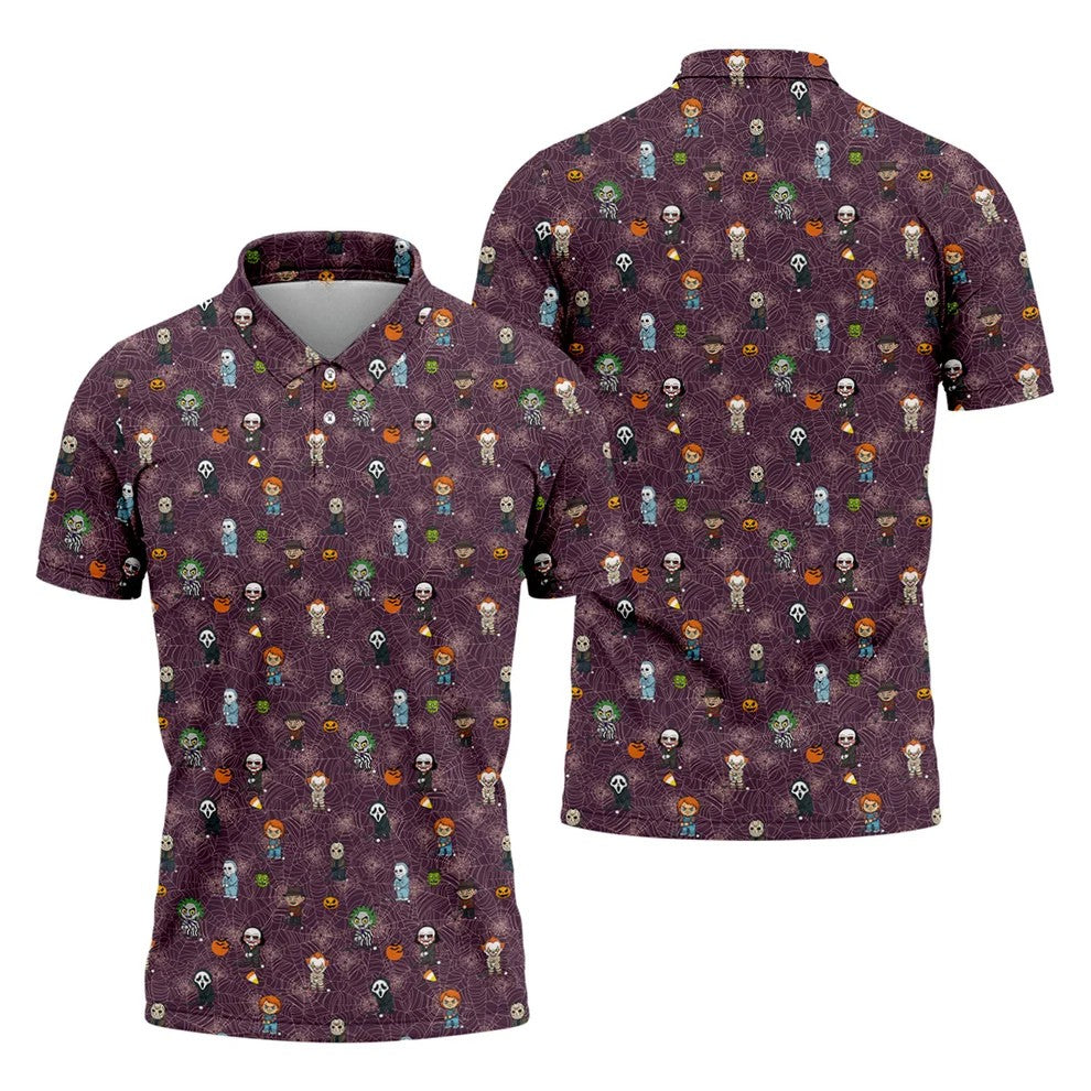 Funny Horror Character Purple Golf Polo ShirtHorror Movie Shirt, Halloween Golf Shirt, Fun Golf Polos For Men