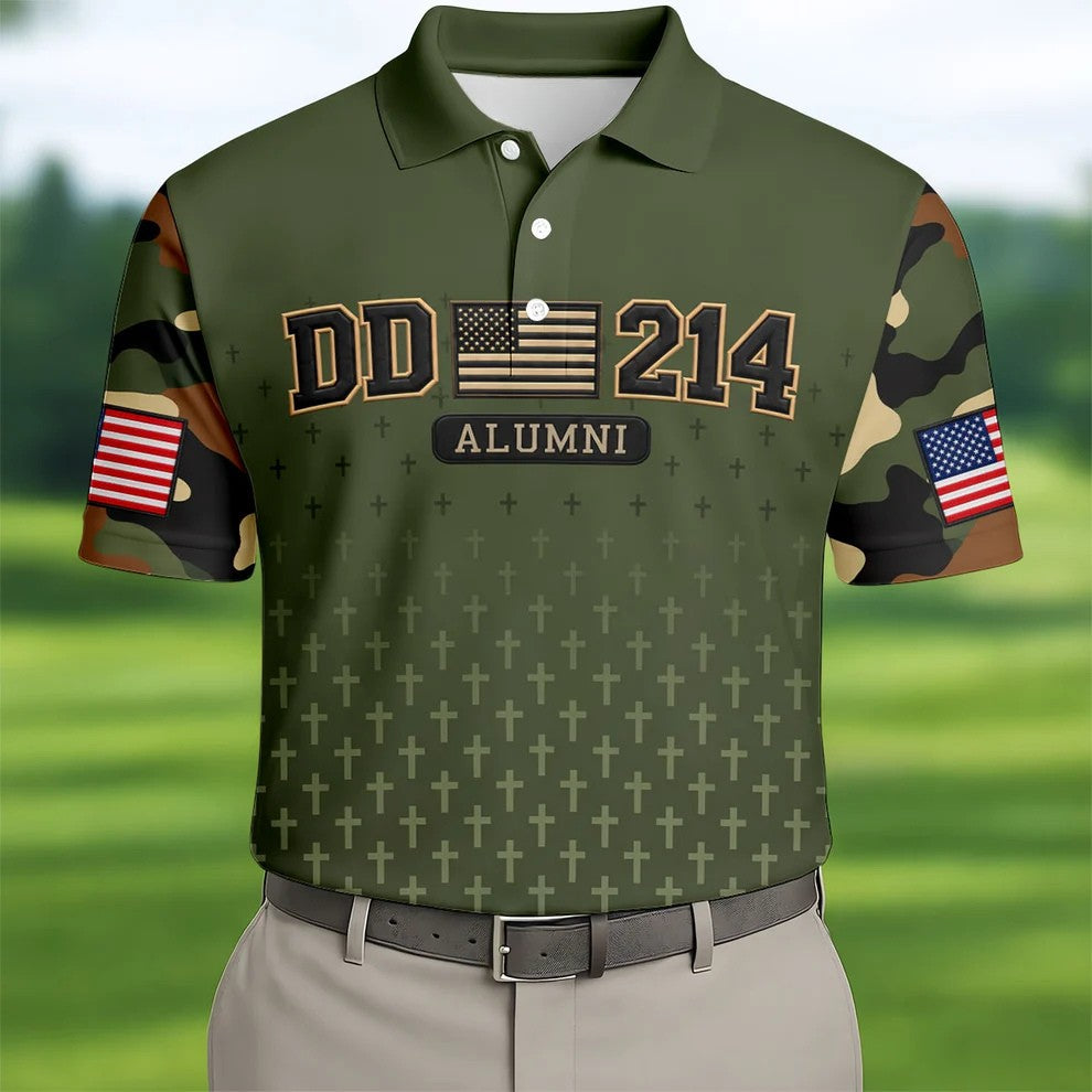 DD-214 Alumni Flag Cross Camo Polo Shirt, Veterans Day Shirt, Golf Shirts For Men