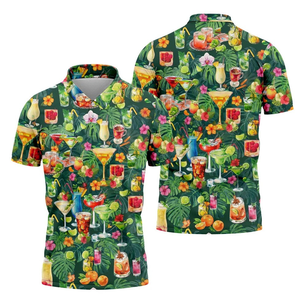 Tropical Cocktail Drinks And Floral Paradise Golf Polo, Hawaiian Golf Shirt, Golf Shirts For Men