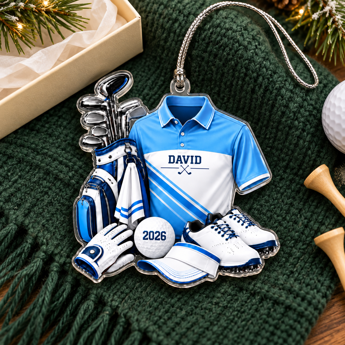 Custom Name Light Blue Golf Shirt Bag Acrylic Ornament, Christmas Gifts, Golfer Gifts