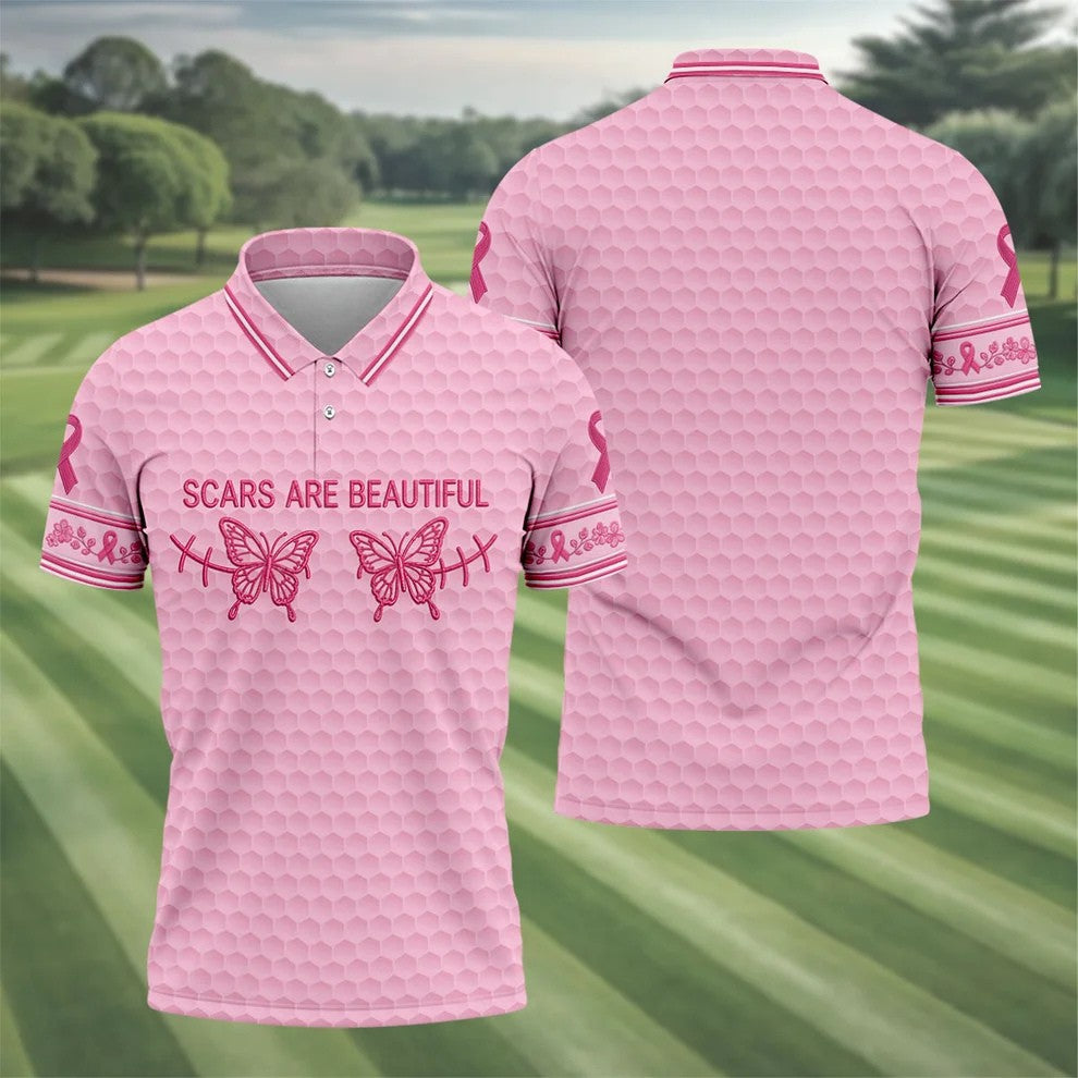 Scars Are Beautiful Butterfly Breast Cancer Golf Polo Shirt, Men's Golf Shirt, Polo Shirts For Men