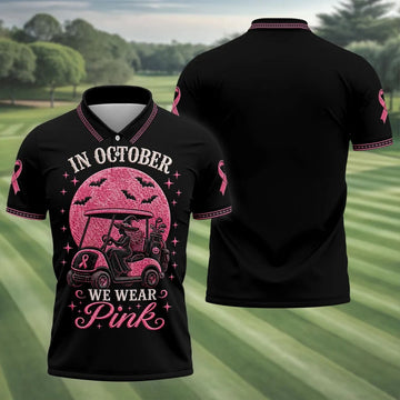 In October We Wear Pink Witch Breast Cancer Polo Shirt, Mens Golf Apparel, Printed Golf Shirts