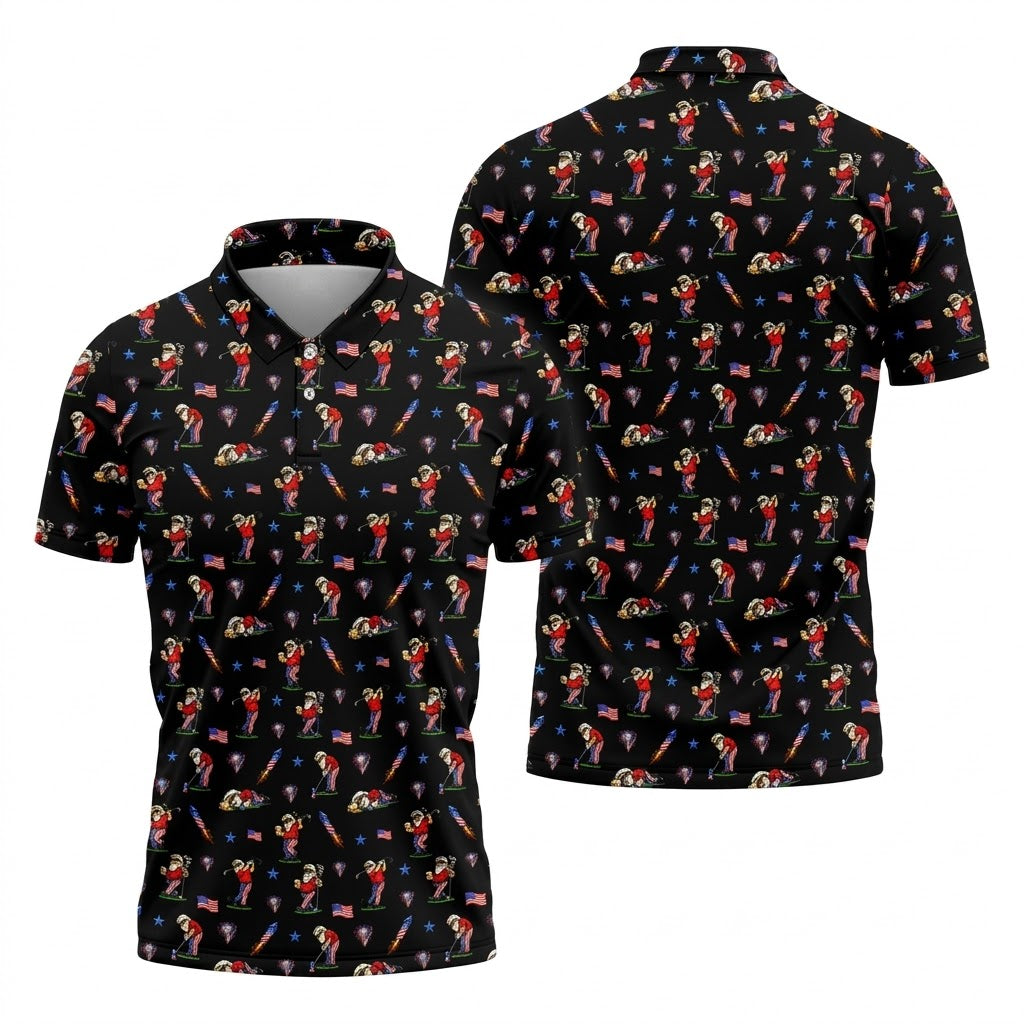 4th Of July Funny Man Golf And Beer Black Golf Shirt, Patriotic Golf Shirt, 250th Anniversary Golf Shirts For Men