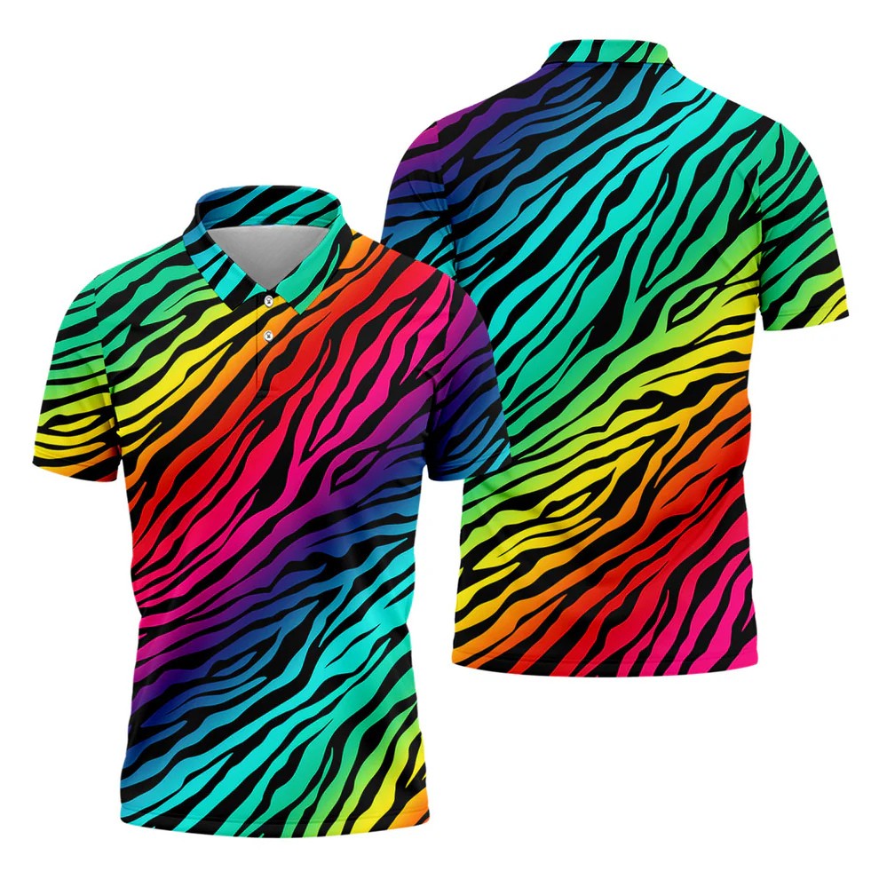 Rainbow Gradient LGBT Support Zebra Pattern Golf Tops For Men, Pride Month Golf Shirts For Men