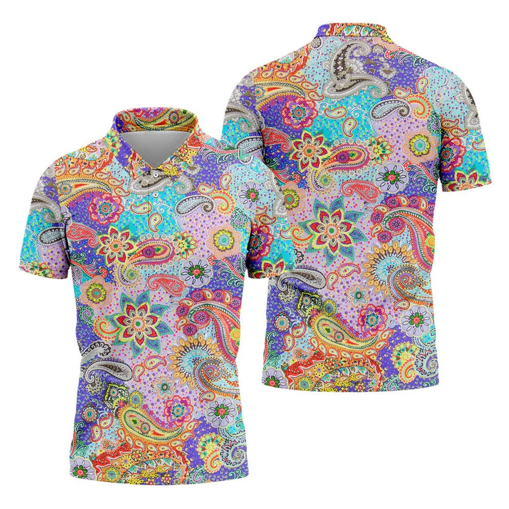 Vibrant Paisley Floral Patchwork Golf Polo Shirt, Hawaiian Golf Shirt, Mens Golf Polo