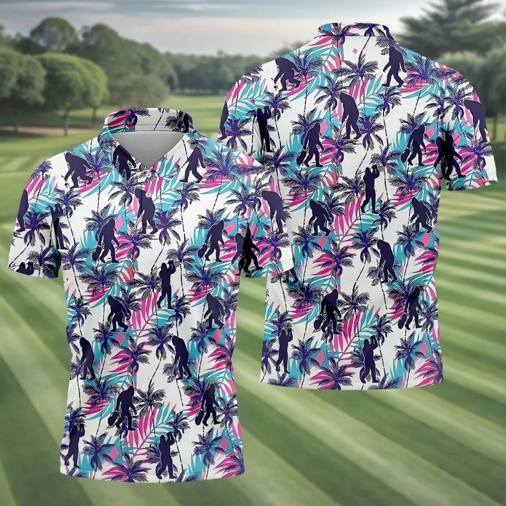 Funny Bigfoot Golfer Tropical Palm Pattern Polo Shirt, Golf Shirts For Men, Printed Golf Shirts