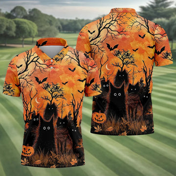Spooky Black Cat Halloween Golf Polo Shirt, Men's Golf Shirts, Hawaiian Golf Shirt