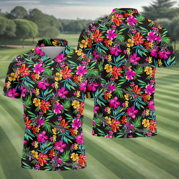 Black Tropical Floral Rifle Pattern Golf Polo Shirt, Men's Golf Shirt, Golf Polo Shirts For Men