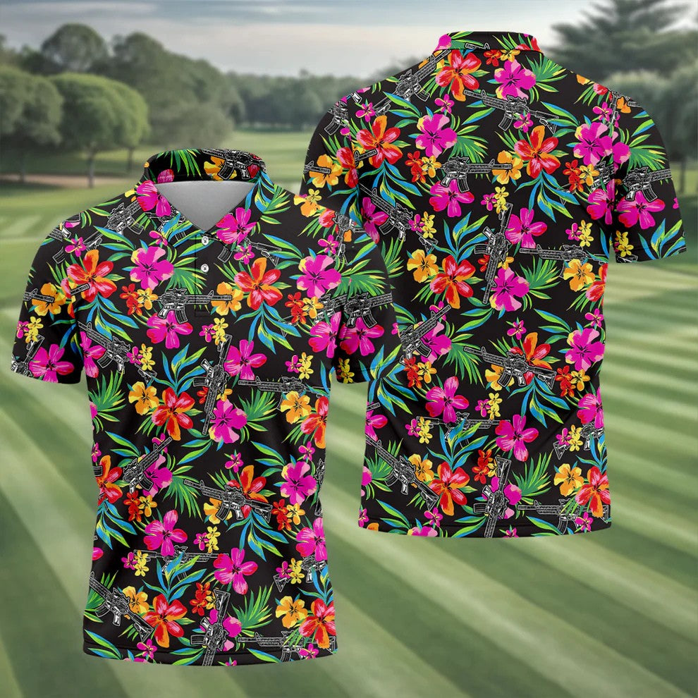 Black Tropical Floral Rifle Pattern Golf Polo Shirt, Men's Golf Shirt, Golf Polo Shirts For Men