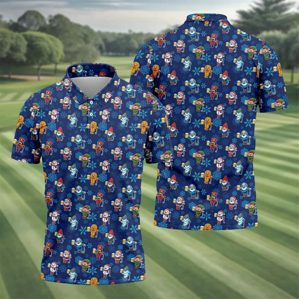 Christmas Characters Golf And Beer Navy Men's Funny Golf Shirts, Christmas Golf Shirt, Polo Shirts For Men