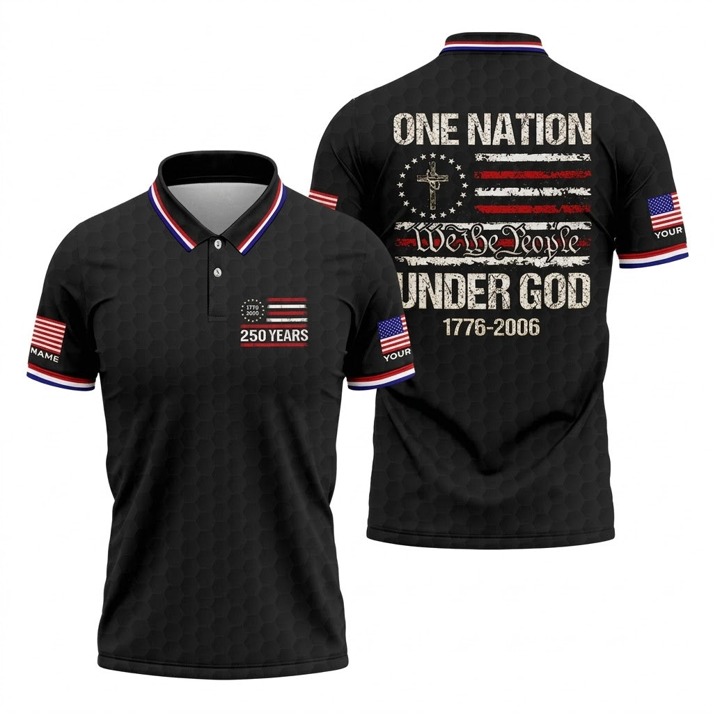 One Nation Under God We The People Black Golf Shirt, 250 Years 4th Of July Golf Shirts For Men